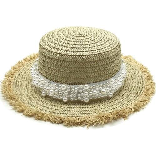 Luxury Flat top straw hat Summer Spring womens trip caps leisure pearl beach sun hats black breathable fashion flower girl hat