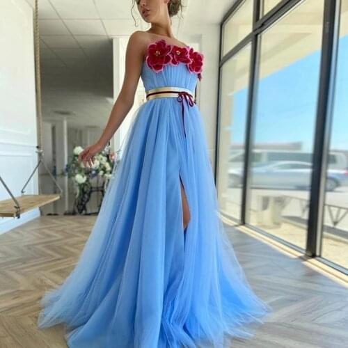 Blue Handmade Flowers Prom Dress Sexy Strapless A Line Tulle Party Gown with Sash vestidos de noite