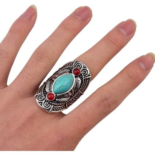Boho Tibetan Ethnic Stone Leaf Pattern Finger Ring Elegant Adjustable Long Joint Ring