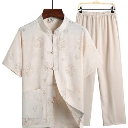 Traditional Chinese Clothing Set for Men Adult Tai Chi Kung Fu Uniforms Linen Short Sleeve Casual Chinese Costumes hanfu male