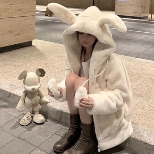 Fall Winter Girls Thickening Fluffy Bomber Jacket with Moving Ears Faux Rabbit Fur Hooded Coat Zipper Hairy Cardigan Crop Tops