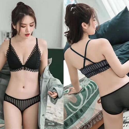 French-Style Front Buckle Triangle Cup Underwear Womens Thin Sexy Lace Beautiful Back Gathered Rimless Underwear Suit