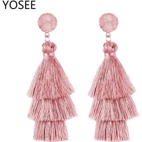 YOSEE Boho Long Tassel Earrings Multi-layer Red Blue Yellow Silk Fabric Long Drop Earring For Women Wedding Statement Jewelry