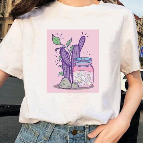Women Casual White Tops Short Sleeve Tshirt Camisas Mujer Clothes Summer Cartoon Cactus Print T shirt