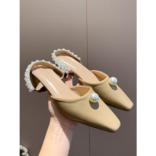 Womens Shoes Slippers Outdoor 2021 New Summer Fashion Cross Pearl Decoration Square Toe Thick Heel Mules