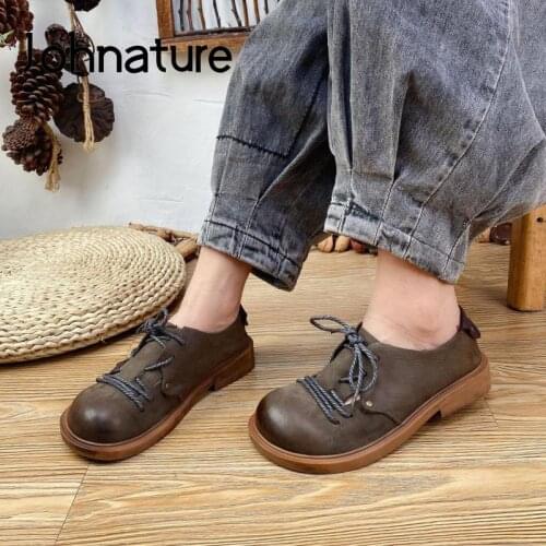 Johnature Retro Pumps Women Shoes Lace-up Genuine Leather Round Toe 2021 New Autumn Handmade Concise Leisure Ladies Shoes