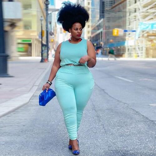 XL-4XL Large Size Womens Sport Suit Sleeveless O-neck Tank Crop Top and Stacked Long Sweatpant Activewear Casual 2 Piece Sets