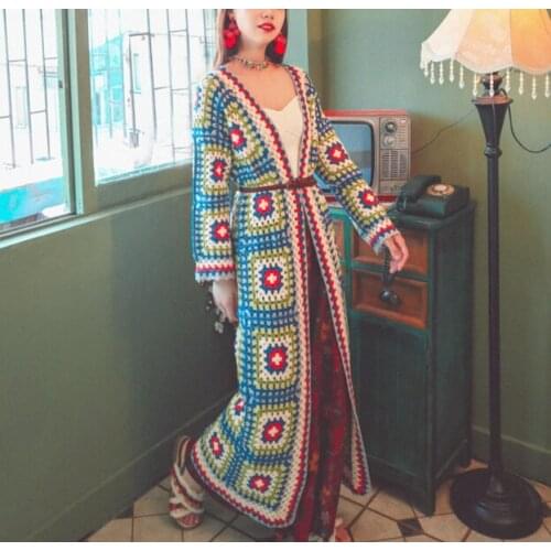 TEELYNN Long Sleeve Hand-knit Cardigan Sweater Coat For Women 2021 Vintage Blue Floral Ethnic Cotton Autumn Boho Jumper Outwear