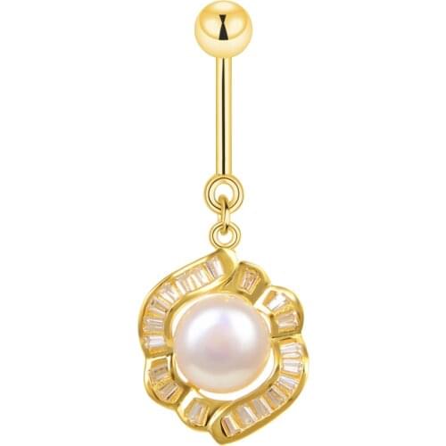 925 Sterling Silver Gold Color Flower Belly Button Rings Pearl Oyster Dangle Piercing Navel Curved Barbell Women Body Jewelry