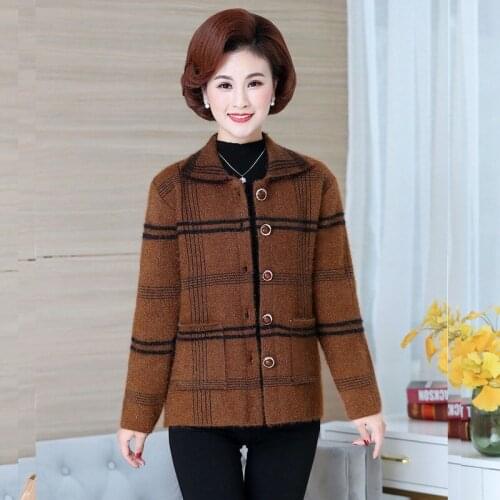 Women Autumn Winter Fashion Faux Mink Fur Coat Female Turn Down Collar Plaid Thick Warm Coats Ladies Casual Knitted Coat X508