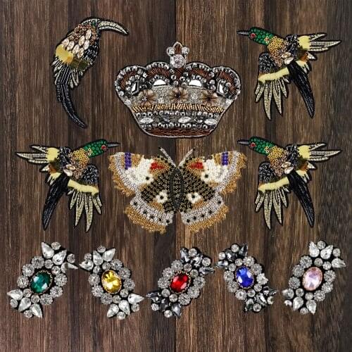 1set Rhinestone Crown Butterfly Bead Patch Flower Birds Sequin Crystal Applique Clothing Sewing on Shoes Bag Patch DIY Apparel