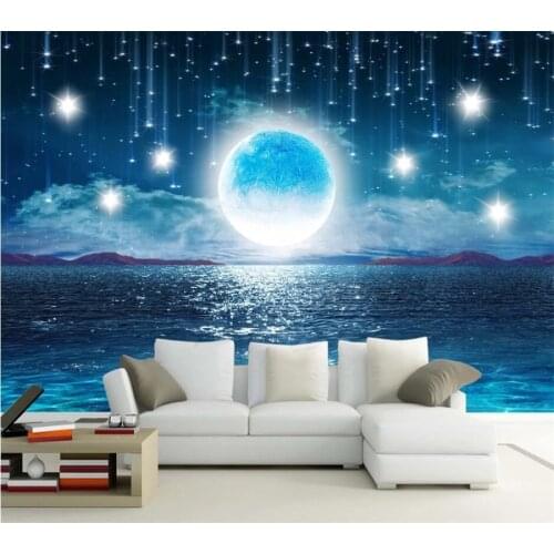 Beibehang Custom wallpaper 3d water rise bright moon beautiful night starry sky full moon landscape living room background wall