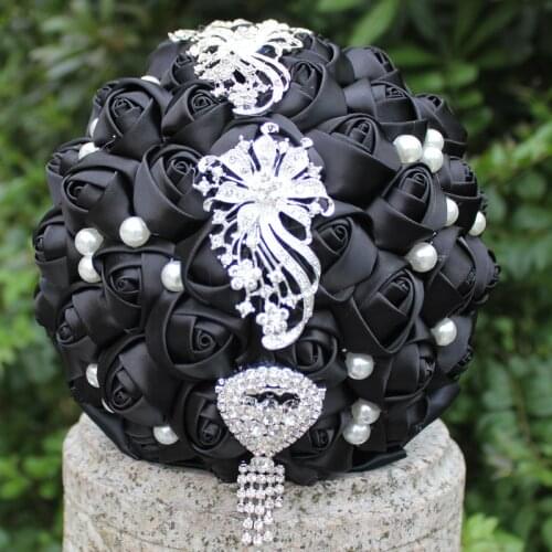 Handmade Black Artificial Flower Wedding Holding Bouquet Bridal Tassels Diamond Rhinestone Wedding Decoration Holder W229