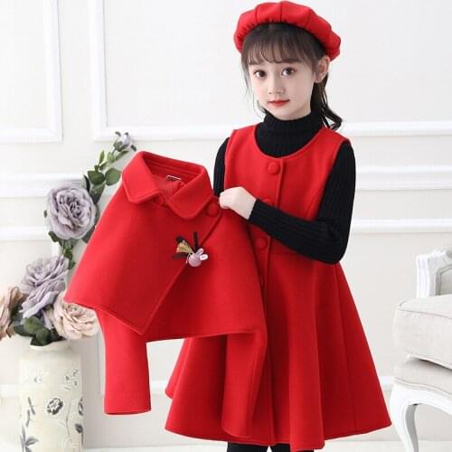 Childrens Woolen Suits for Girls Fashion Princess Dress Coat Beret 3 Pcs Kids Autumn Winter Birthday Woolen Korean Cute Costume