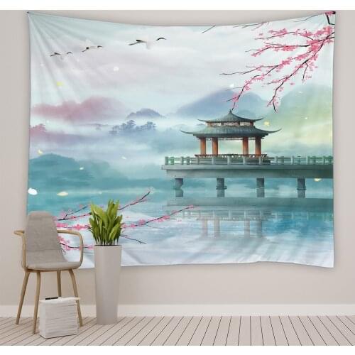 Chinese Style Landscape Tapestry Pavilion Pink Flower mountain Water Scenery Pattern Living Room Bedroom Dormitory Bedside Decor