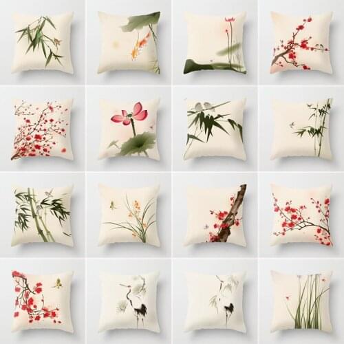 Chinese Style Pillow Cover Lotus Cushion Cover Office Waist Support Blossom Pillowcase Bamboo Plum Pillow Case Home Decore Car