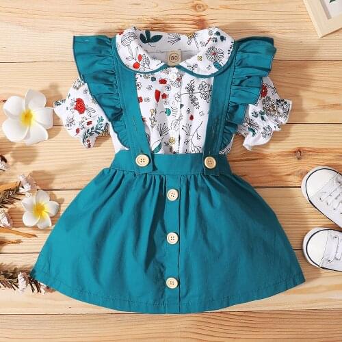 1-5Y Toddler Clothes Sets Kids Girl Short Sleeve Doll Collar Printed Shirts Suspender Short Skirt 2pcs Outfit Summer Clothing