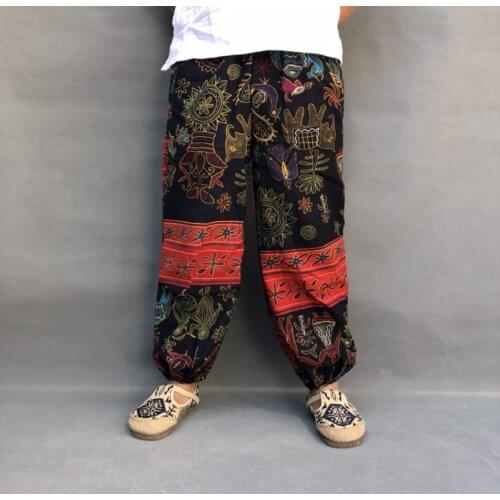 Men Casual Pants Chinese Ethnic Print Baggy Cotton Linen Elastic Waist Trousers Men Joggers Harem Pants Pantalon Hombre