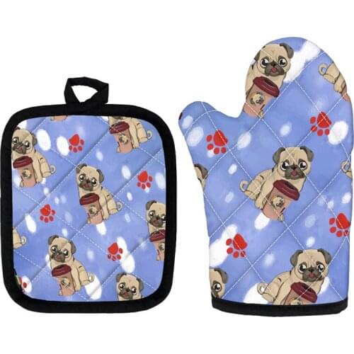 Kawaii Pug and Paw Pattern Oven Gloves Kitchen Accessories 2pcs Heat Resistant Mats and Mitten for Baking Microwave Oven Tools