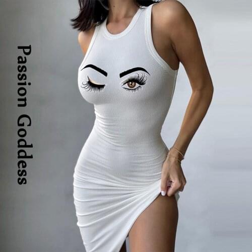 Sexy Cute Women Eye Printed Dress Sleeveless Slim Bodycon Tank Dress Fashion Party Summer Street Wear Dresses 2021