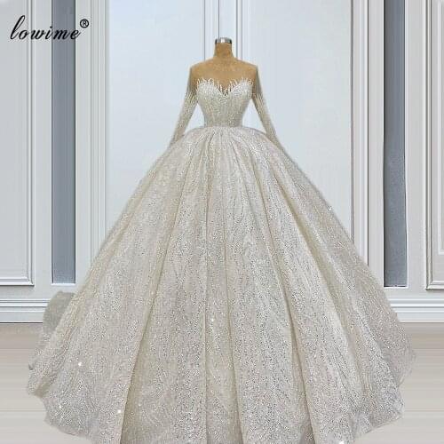 Luxury Long Sleeves Wedding Dresses A-Line Sequins Glitter Wedding Gowns Muslim Country Brides Dresses Robes De Mariage Custom