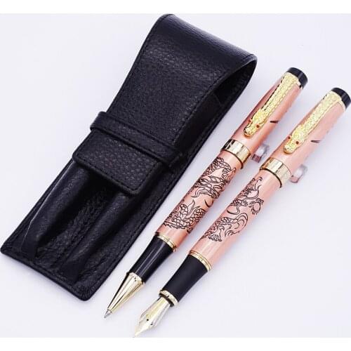 Jinhao Red Copper Descendants of Dragon Fountain Pen & Roller Pen with Real Leather Pencil Case Bag Washed Cowhide Pen Case Set
