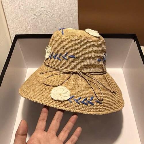 Straw Hat Female Summer Embroidery Fashion Raffia Flowers Literary Travel Sunscreen Big Hat Holiday Seaside Beach Hat Wholesale