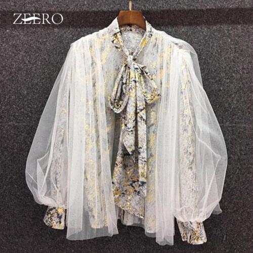 Korean Fashion Women Vintage Mesh Patchwork Bow Tie Chffion Shirts Ladies Tops Elegant Female Lantern Sleeve Print Loose Blouses