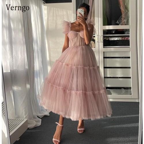 Verngo Simple Blush Pink Tulle A Line Prom Dresses Short Sweetheart Straps Tiered Tea Length Formal Party Gowns Homecoming Dress
