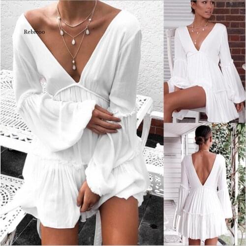 Spring and Autumn Dress Deep V-neck Sexy white Dress Women long Sleeve Elegant Slim dress