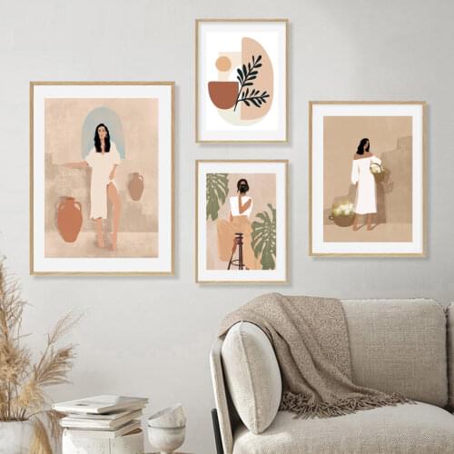 Vintage Girl Vase Flower Plant Leaf Boho Nordic Posters And Prints Wall Art Canvas Painting Wall Pictures For Living Room Decor