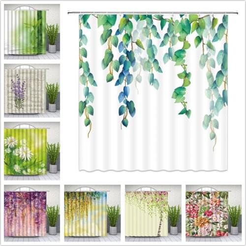 Green Leaf Shower Curtains Spring Flower Plant Vine Scenery Bathroom Decor Home Bath Polyester Cloth Hanging Curtain Set
