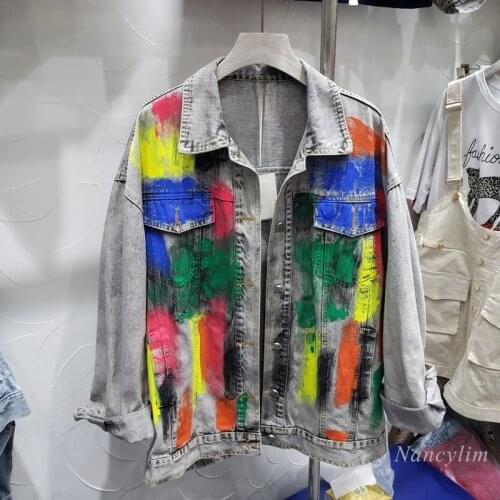 Retro Graffiti Distressed Painted Broken Denim Jacket Women European Streetwear 2021 Spring and Autumn New Female Coat Chaquetas