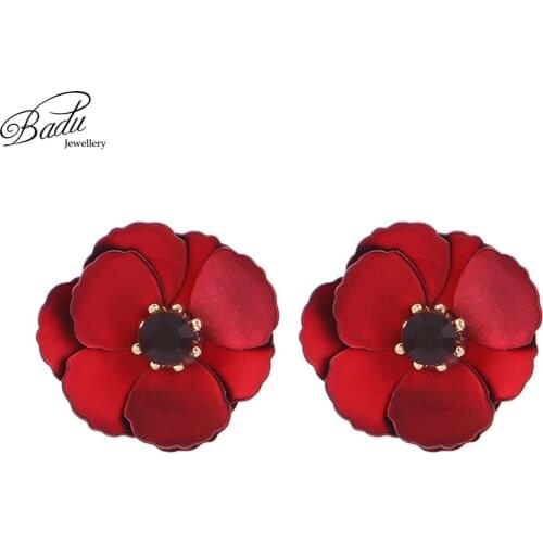 Badu Red Flower Earrings for Women Korean Style Crystals Small Floral Earrings Elegance Party Jewelry Romantic Gift for Girls