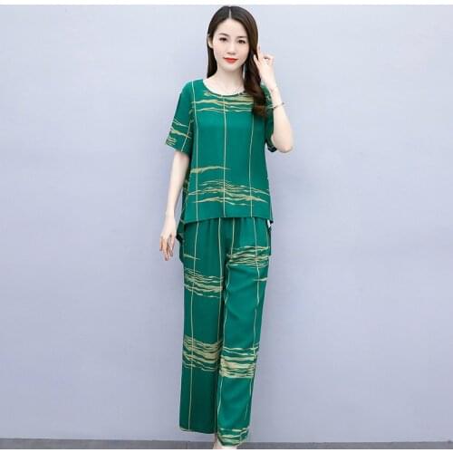 Summer Two Piece Set Women Suits 2021 Striped O-Neck Short Sleeve Tops and Elastic Waist Wide Leg Pants Woman Casual Tracksuit