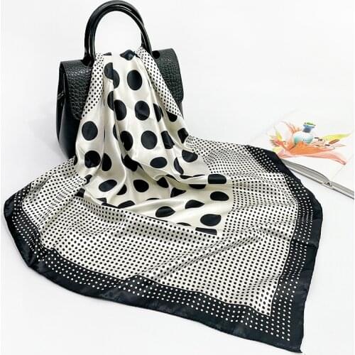 90cm Silk Scarf Womens 2021 New Black and White Dot Printed Square Scarf Simulation Satin Color Dingtou Scarf
