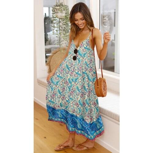 Summer fashion printed V-neck halter suspenders womens long a-line dress