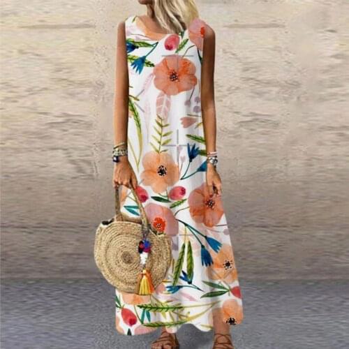 Dress 2021 fashion Casual beach dress Women Boho Summer O-Neck Sleeveless Sling Printed Casual Loose Long Dress hot sale