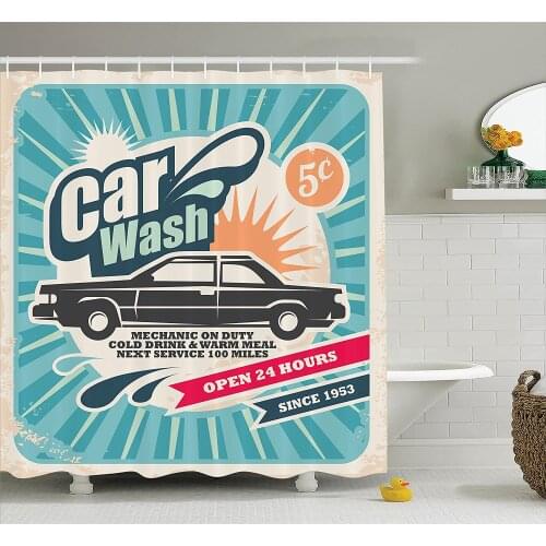 1950S Shower Curtain Retro Car Wash Auto Service Repair Poster Style Art in Vintage Color Classic Print Wall Decoration Curtains