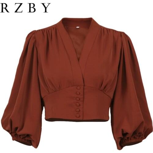 2021 Spring Femme Elegant Lantern Sleeve Fashion Blouse V Neck Crop Top Women Tunics Button Up Vintage Shirts RZBY417