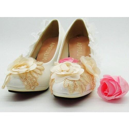 9CM high heels champagne white lace flowers wedding shoes bride handmade sweet designer plus size bridal wedding party pumps