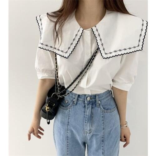 Alien Kitty White Embroidery Plus Size Sweet Chic 2021 Casual Women Fashion Vintage All Match Lapel New Hot High Quality Shirts