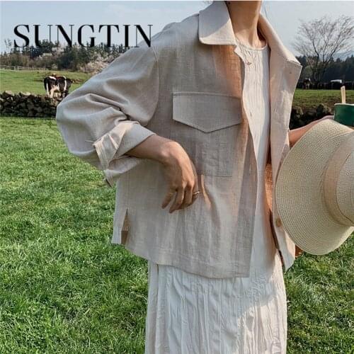 Sungtin Linen Cotton Blouse Jacket for Women Elegant Thin Loose Casual Linen Jacket Korean Chic Vintage Outwear Pockets Female