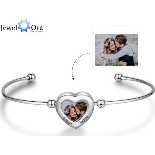 JewelOra Customize Memory Photo Cuff Bangles for Women Cute Heart Stainless Steel Engraving Name Adjustable Bracelets & Bangles