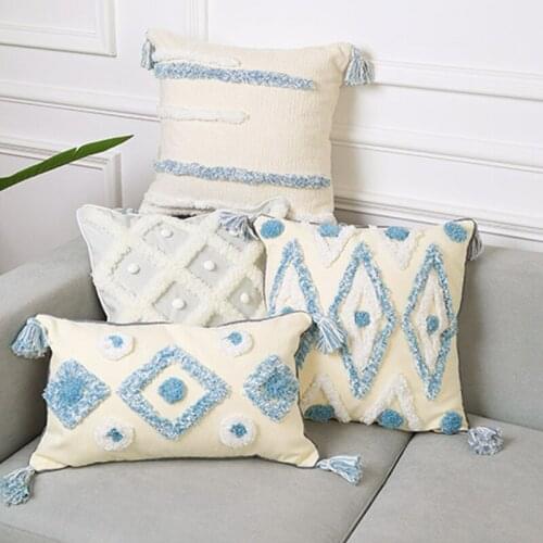Blue Style Tufted Pillowcase 45*45/30*50CM Morocco Tufted Throw PillowCovers with Tassels Boho Car Cushion Covers
