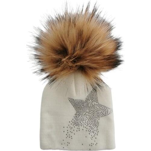 4 months-3 years childrens winter infant baby kids faux fur star diamond hat cap beanie with pom pom beanie for boys and girl