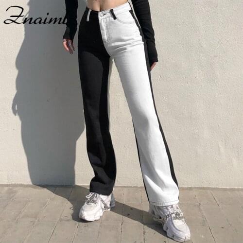 Znaiml Black White Patchwork Straight Y2K Jeans For Girls Female Women Vintage Denim Pants High Waisted Trouser Harajuku Capris