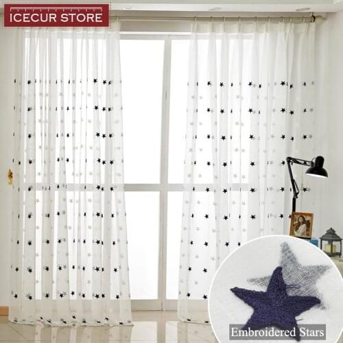 ICECUR 3D Blue/Gray Embroidered Stars Sheer Voile Tulle Curtains for Kids Bedroom Lovely Pattern Tulle Curtains for Living Room