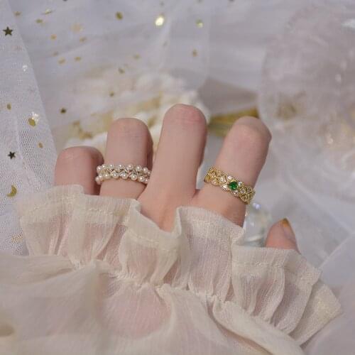 Ins Hot Sale Exquisite Shiny Zircon Pearl Emerald Diamond Design Opening Wedding Bridal Ladies Ring Dating Jewelry