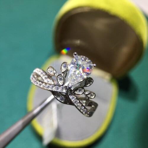 Silver 925 Original Diamond Test Past 1 Carat D Color Moissanite Crown Water Drop Ring Brilliant Cut Gemstone Wedding Jewelry